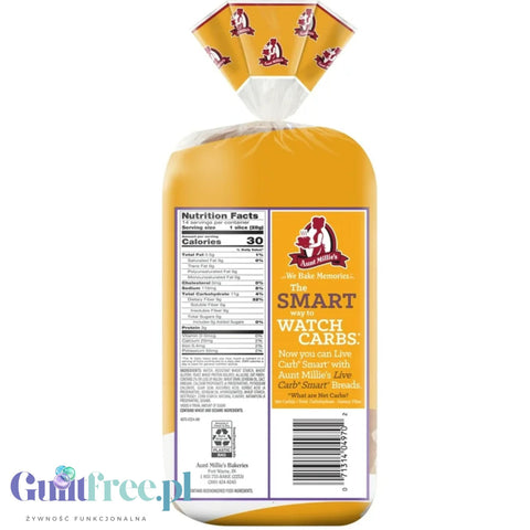 Aunt Millie's Live Carb Smart 2 Wheat Bread -  błonnikowy keto chleb 30kcal w kromce
