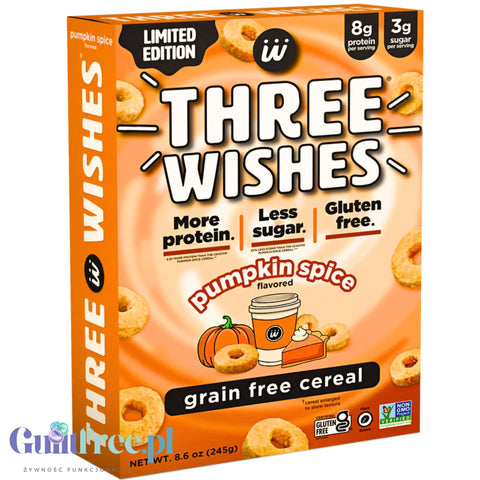 Three Wishes Grain Free Cereal, Pumpkin Spice - niskowęglowodanowe płatki śniadaniowe bez glutenu, z monk fruit