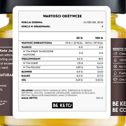 Be Keto Jam Mango & Passion Fruit - Keto Dżem™ Mango z Marakują 87kcal z erytrolem i ksylitolem