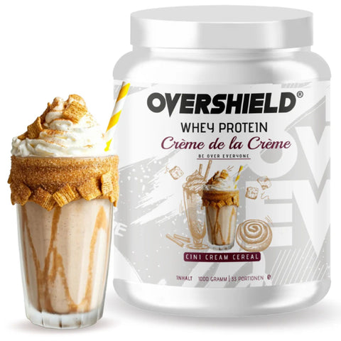 Overshield Crème de la Crème Whey Cini Cream Cereal - creamy dessert protein, WPC & WPI nutrient flavor Cinnamon Cake.
