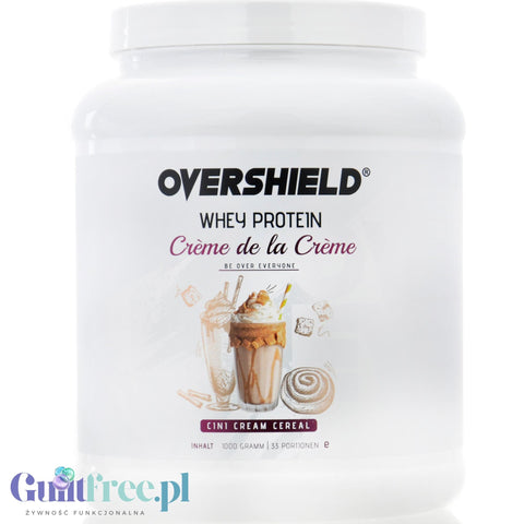 Overshield Crème de la Crème Whey Cini Cream Cereal - creamy dessert protein, WPC & WPI nutrient flavor Cinnamon Cake.