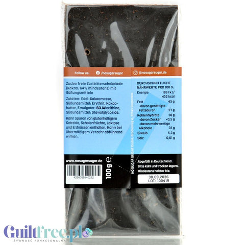 NO SUGAR SUGAR Schokolade Zartbitter 64% - artisanal sugar-free dark chocolate with erythrol and stevia