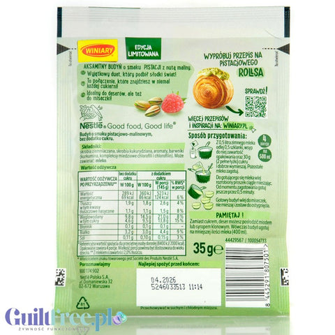 Winiary Budyń Pistacjowy z nutą maliny, bez dodatku cukru, edycja limitowana