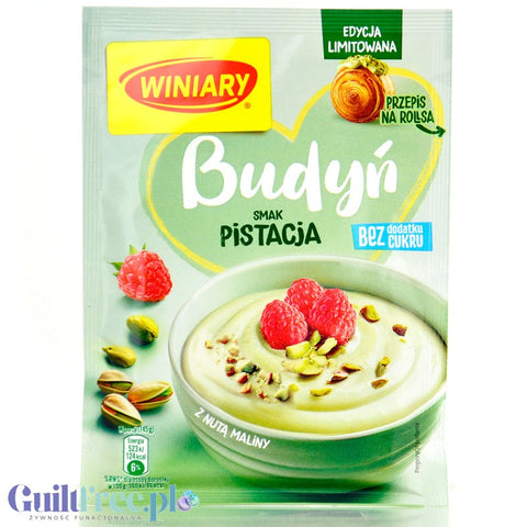 Winiary Budyń Pistacjowy z nutą maliny, bez dodatku cukru, edycja limitowana
