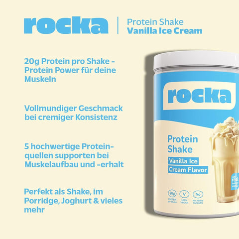 Rocka Nutrition Protein Shake Vanilla Ice Cream 0,3kg - wegańska odżywka białkowa 4 źródeł białka, Lody Waniliowe