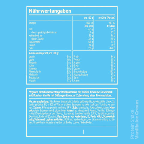 Rocka Nutrition Protein Shake Vanilla Ice Cream 0,3kg - wegańska odżywka białkowa 4 źródeł białka, Lody Waniliowe