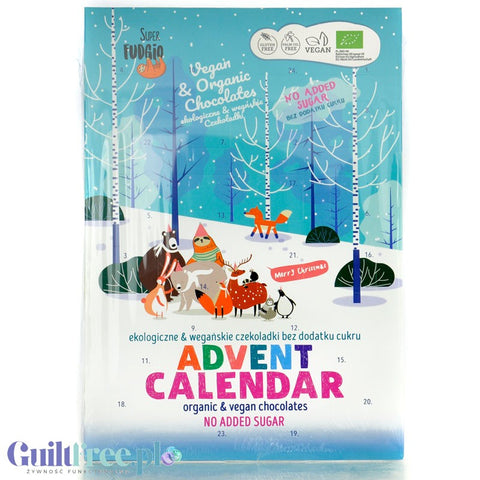 Super Fudgio Advent Calendar 2025 - wegański kalendarz z erytrolem, bez dodatku cukru z czekoladkami bez mleka, laktozy
