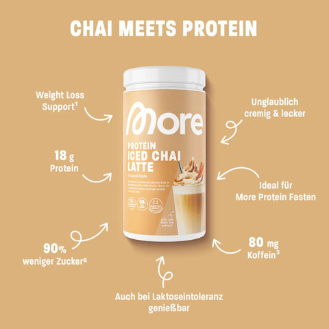 More Nutrition Protein Iced Chai Latte Cinnamon Bun 500g - proteinowa kawa z cynamonem i glukomannanem, 16g białka & 97kcal