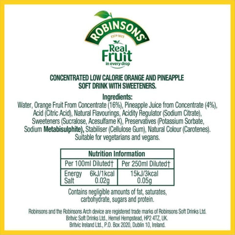 Robinsons Double Strength Orange & Pineapple 0.75L - concentrated sugar-free dilution syrup, Pineapple & Orange