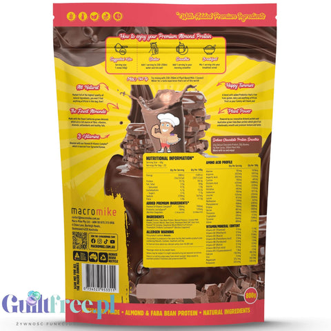 Macro Mike Almond Plant Protein, DeLuxe Chocolate - wegańska migdałowa odżywka białkowa bez glutenu, mleka i sukralozy