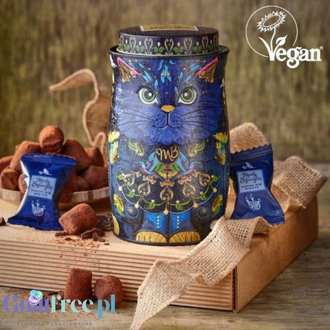 Monty Bojangles Cocoa Nib Nights Truffles VEGAN (CHET MEAL) obłędne luksusowe praliny w zjawiskowej kociej puszce