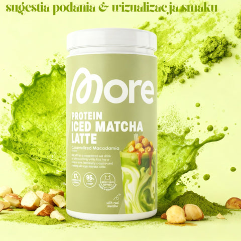 More Nutrition Protein Iced Matcha Latte Caramelized Macadamia 500g - proteinowa zielona herbata matcha bez cukru 17g białka