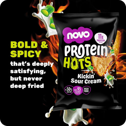 Novo Foods Protein Hots Kickin' Sour Cream - pikantne chrupki proteinowe o smaku śmietanki 50% mniej tłuszczu