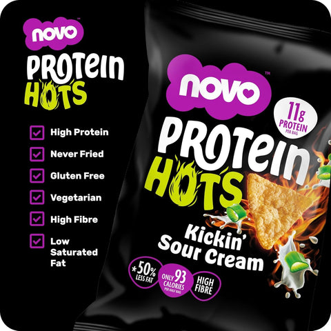 Novo Foods Protein Hots Kickin' Sour Cream - pikantne chrupki proteinowe o smaku śmietanki 50% mniej tłuszczu