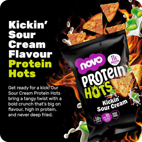 Novo Foods Protein Hots Kickin' Sour Cream - pikantne chrupki proteinowe o smaku śmietanki 50% mniej tłuszczu