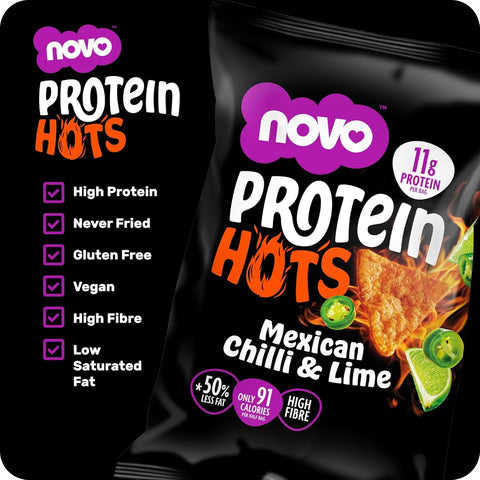 Novo Foods Protein Hots Mexican Chilli & Lime - spicy protein crisps with Chili & Lime flavor 50% less fat