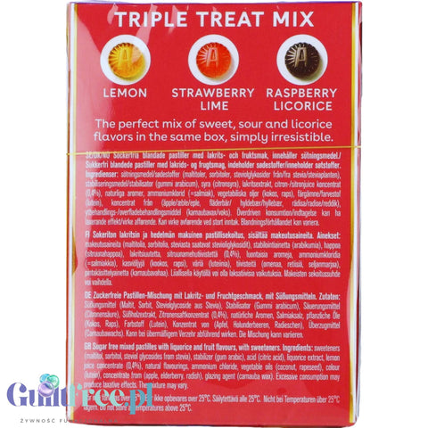 Läkerol Triple Treat Mix 75g - skandynawska wegańska lukrecja bez cukru, miks smaków