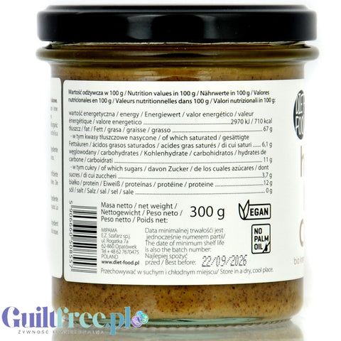 Diet Food Bio Hazelnut 300g - masło z orzechów laskowych 100%, bez soli i cukru
