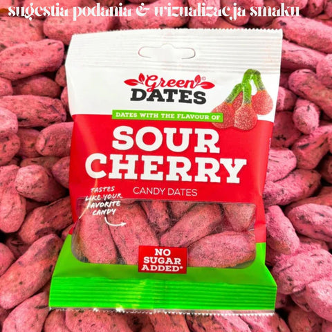 Green Dates Sour Cherry - daktyle bez dodatku cukru w kwaśnej wiśniowej posypce