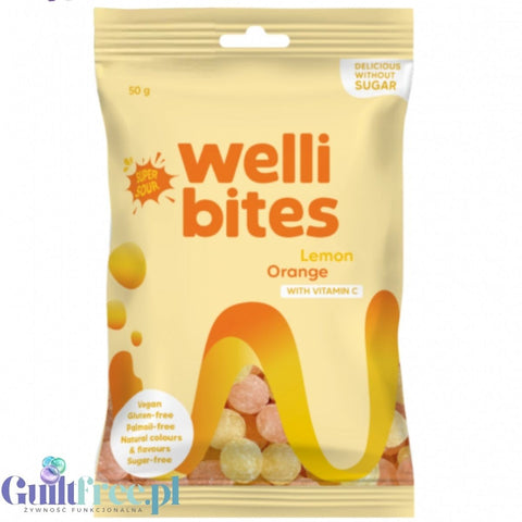 Wellibites Super Sour Lemon & Orange - kwaśne wegańskie dropsy cytrusowe bez cukru z witaminą C