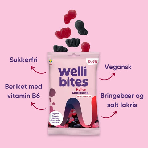 Wellibites Raspberry & Salty Liquorice – vegan raspberry and liquorice gummies without sugar, with vitamin B6