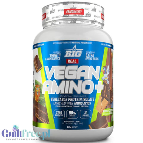 BIG® Vegan Amino+, Mowgly Chocolate 1kg - wegańska odżywka białkowa z kawałkami ciasteczek o smaku czekolady