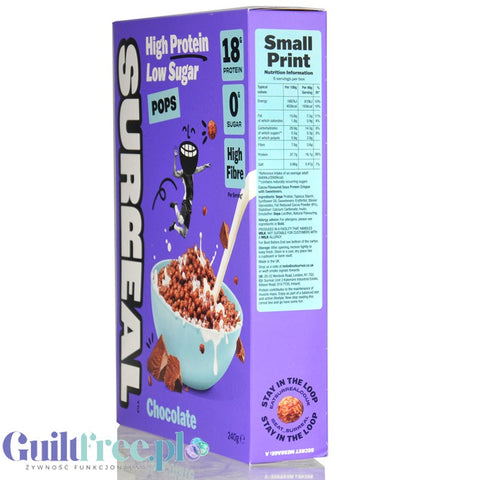 Surreal High Protein Pops Chocolate - proteinowe płatki śniadaniowe bez cukru ze stewią i erytrolem, kulki czekoladowe