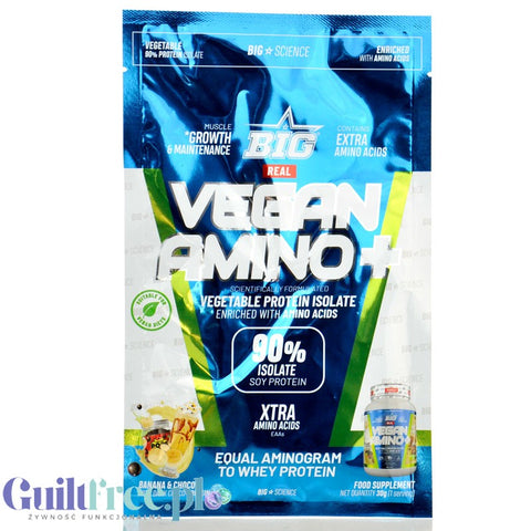 BIG® Vegan Amino+, Banana & Choco 30g saszetka - wegańska odżywka białkowa z kawałkami MLECZNEGO karmelu