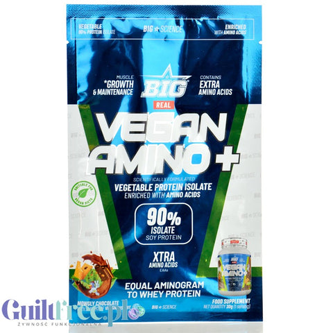 BIG® Vegan Amino+, Mowgly Chocolate 30g saszetka - wegańska odżywka białkowa z kawałkami ciasteczek o smaku czekolady