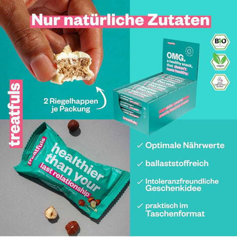 Treatfuls Healthier Than Your Last Relationship - wegański batonik organiczny z orzechami laskowymi i białą polewą z ksylitolem