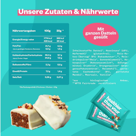 Treatfuls Healthier Than Your Last Relationship - wegański batonik organiczny z orzechami laskowymi i białą polewą z ksylitolem