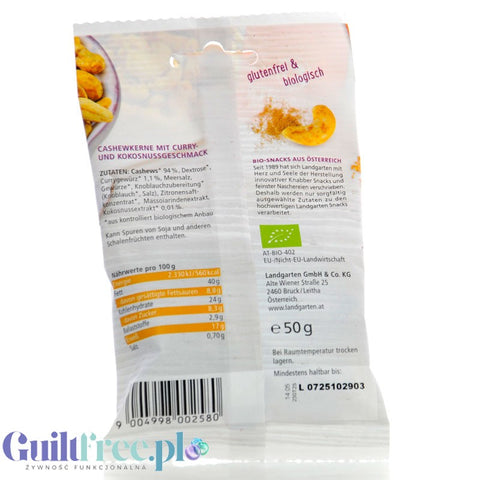 Landgarten Organic Cashews Coconut Curry - organic cashews coated in coconut curry, keto snack