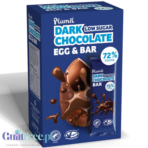 Plamil Dark Chocolate Easter Egg & Bar 125g - wielkanocne wegańskie jajo bez cukru i mleka z ksylitolem, czekolada 72%