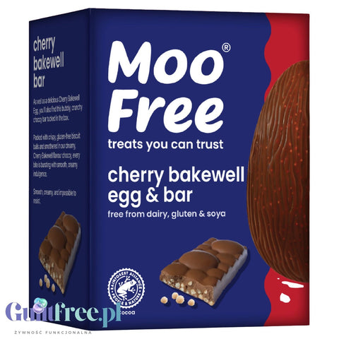 Moo Free Cherry Bakewell Easter Egg - wielkanocna wegańskie jajo czekoladowe & batonik czekoladowy z kulkami wiśniowymi