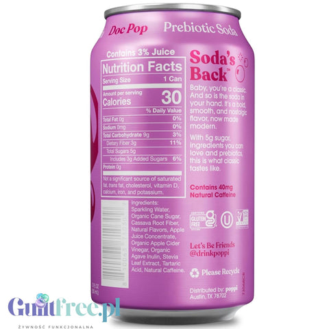 Poppi Prebiotic Soda Doc Pop 355ml - funkcjonalny napój z błonnikiem, stewią i octem jabłkowym