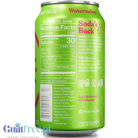 Poppi Prebiotic Soda Watermelon 355ml - funkcjonalny napój z błonnikiem, stewią i octem jabłkowym