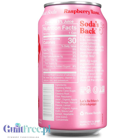Poppi Prebiotic Soda Raspberry Rose 355ml - funkcjonalny napój z błonnikiem, stewią i octem jabłkowym