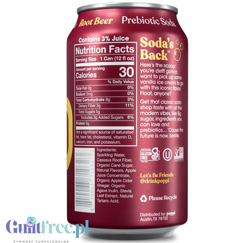 Poppi Prebiotic Soda Root Beer 355ml - funkcjonalny napój z błonnikiem, stewią i octem jabłkowym
