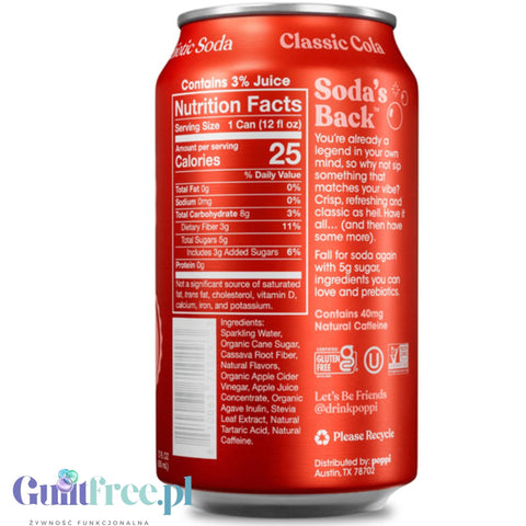 Poppi Prebiotic Soda Classic Cola 355ml - funkcjonalny napój z błonnikiem, stewią i octem jabłkowym