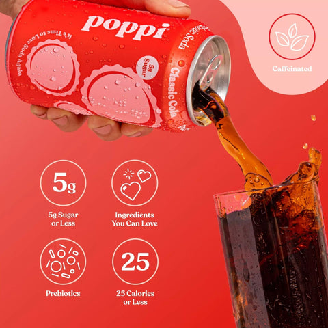 Poppi Prebiotic Soda Classic Cola 355ml – a functional drink with fiber, stevia, and apple cider vinegar