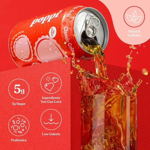 Poppi Prebiotic Soda Classic Cola 355ml – a functional drink with fiber, stevia, and apple cider vinegar