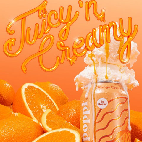 Poppi Prebiotic Soda Orange Cream 355ml – a functional drink with fiber, stevia, and apple cider vinegar