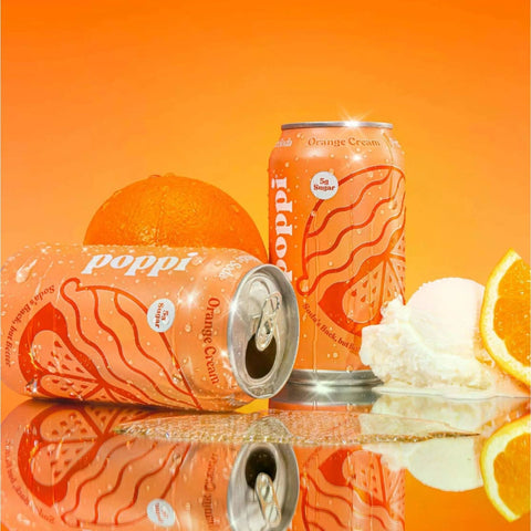 Poppi Prebiotic Soda Orange Cream 355ml – a functional drink with fiber, stevia, and apple cider vinegar
