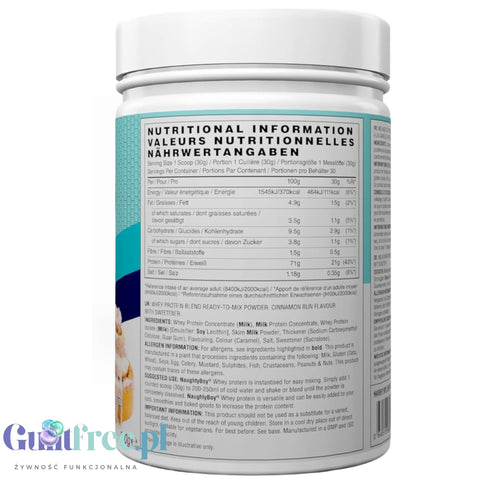 Naughty Boy Whey Premium Protein Cinnamon Bun 900g - a rich protein supplement containing WPI, WPC, and MPC