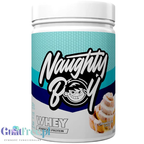Naughty Boy Whey Premium Protein Cinnamon Bun 900g - a rich protein supplement containing WPI, WPC, and MPC
