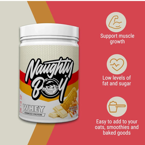Naughty Boy Whey Premium Protein White Chocolate Caramel Biscuit 900g - gęsta odżywka białkowa WPI, WPC & MPC