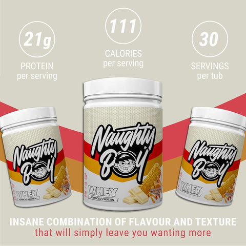 Naughty Boy Whey Premium Protein White Chocolate Caramel Biscuit 900g - gęsta odżywka białkowa WPI, WPC & MPC