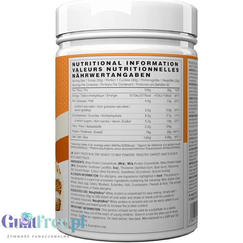 Naughty Boy Whey Premium Protein Frosted Carrot Cake 900g - gęsta odżywka białkowa WPI, WPC & MPC