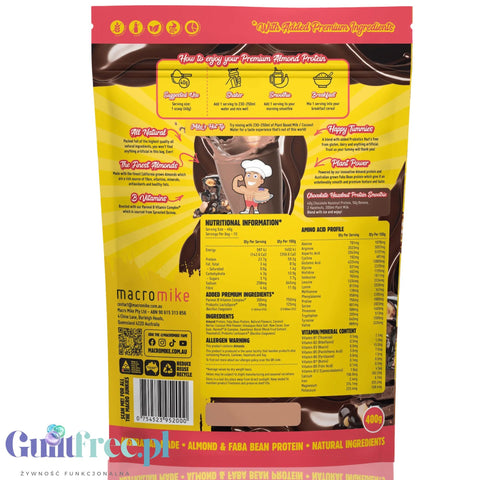 Macro Mike Almond Plant Protein, Chocolate Hazelnut, 400g - wegańska migdałowa odżywka białkowa bez glutenu, mleka i sukralozy