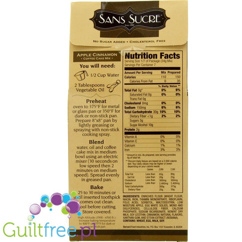 Sans Sucre No Sugar Added Apple Cinnamon Coffee Cake Mix with Stevia - Mixture for baking cakes flavored with vanilla butter-dri